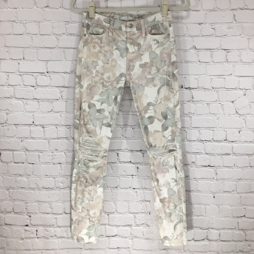 7FAM Floral Distressed Ankle Skinny Jeans